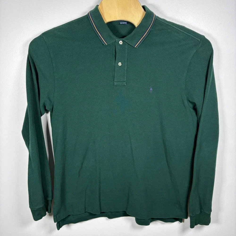 Polo Ralph Lauren Mens XL‎ Hunter Green Long Sleeve Tipped Pique Polo Shirt